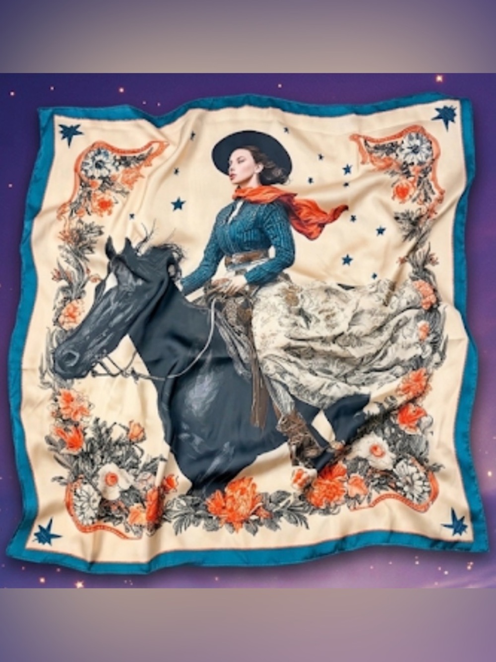 NWT Cosmic Cowgirl Silk Wild Rag • Midnight Stallion Celestial Western Scarf - Picture 3 of 5